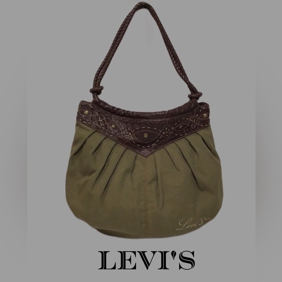 Vintage Levi’s Olive Green Denim Hobo Shoulder Bag‎ with Braided Handles - Picture 1 of 9